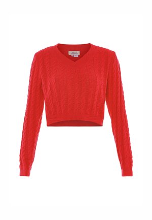 Rød strikket cropped sweater med V-hals, der har kabelstrik tekstur og lange ærmer. Ingen bemærkelsesværdig hardware eller accenter til stede.