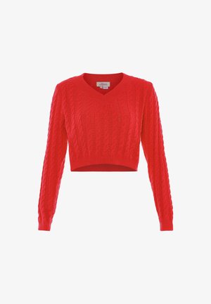 Czerwony dzianinowy krótki sweter z dekoltem w kształcie V, z teksturą warkocza i długimi rękawami. Brak widocznych elementów ozdobnych lub akcesoriów.