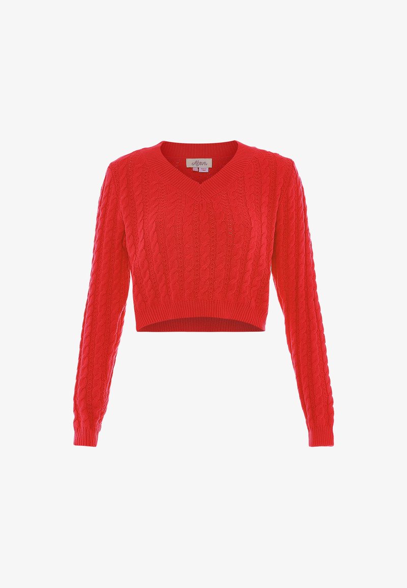 Pull cropped rouge en tricot avec un col en V, présentant une texture en maille torsadée et des manches longues. Aucune quincaillerie ou accent notable.