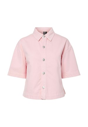 Lichtroze kortermig overhemd met knopen, een kraag en zilveren knopen aan de voorkant, cropped lengte met een losse pasvorm.