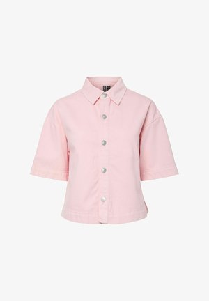 Svetloružová krátka košeľa na gombíky s golierom a striebornými gombíkmi vpredu, skrátená dĺžka a voľný strih.