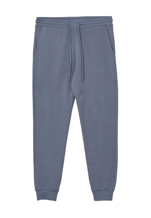 Pantaloni sportivi grigi in cotone con vita regolabile, tasche laterali e polsini affusolati. Texture morbida e design semplice, senza motivi visibili.