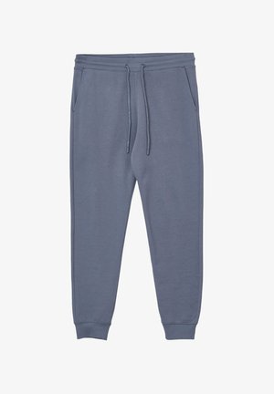 Pantaloni sportivi grigi in cotone con vita regolabile, tasche laterali e polsini affusolati. Texture morbida e design semplice, senza motivi visibili.
