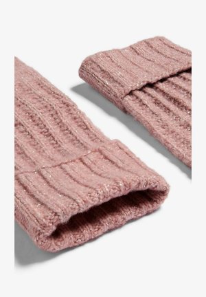 Knit, ribbed wrist warmers in soft pink with silver thread accents. Folded cuffs and a textured finish enhance the design.