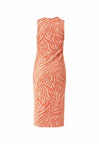 Abito arancione senza maniche con motivo a strisce bianche a zebra, dal taglio aderente, design a lunghezza ginocchio, con una zip invisibile sul retro per la chiusura.