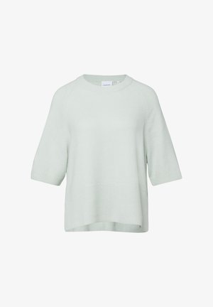 Jasnoszary krótki sweter dzianinowy z krótkim rękawem, z prążkowanym wykończeniem na dole i mankietach, okrągłym dekoltem i luźnym krojem.