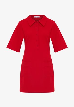 Rød polo kjole med korte ærmer, krave, frontlukning med knapper og to forlommer. Glat stof i en ensfarvet farve.