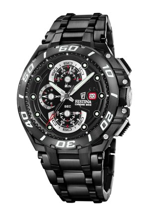 Čierne nerezové Festina Chrono Bike hodinky s viacerými subciferníkmi, zobrazovačom dátumu na pozícii 3 hodiny a luminiscenčnými ručičkami a značkami.