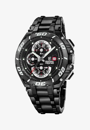Čierne nerezové Festina Chrono Bike hodinky s viacerými subciferníkmi, zobrazovačom dátumu na pozícii 3 hodiny a luminiscenčnými ručičkami a značkami.