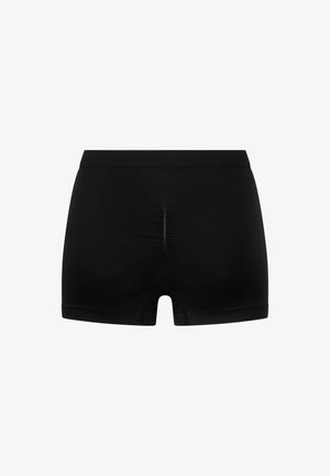 Black shorts with a smooth waistband, featuring a gathered detail at the center back and contrast stitching on the leg openings.