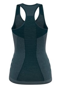 Teal atletisch tanktop met een racerback ontwerp. Kenmerkt zich door textuur gebreide stof en contrasterende panelen in verschillende tinten blauw.