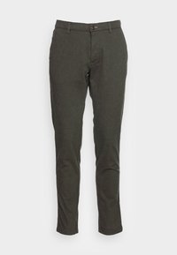 Donkergroene broek van textuurstof. Beschikt over een knoopsluiting, riemlussen en een slim-fit ontwerp. Tapered pijpen zonder zichtbare patronen.