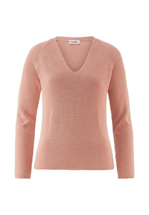 Hellrosa gestrickter Pullover mit langen Ärmeln, V-Ausschnitt und geripptem Saum an Ausschnitt, Bündchen und Saum.
