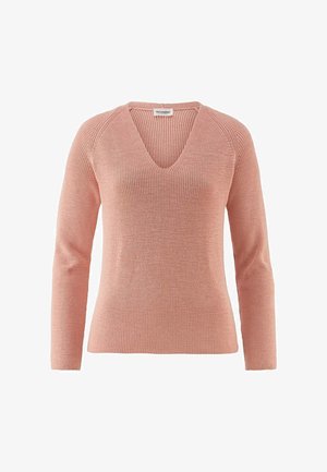 Hellrosa gestrickter Pullover mit langen Ärmeln, V-Ausschnitt und geripptem Saum an Ausschnitt, Bündchen und Saum.