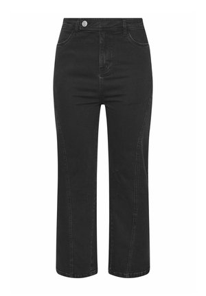 Jeans neri a vita alta con gambe larghe, tasche frontali, chiusura con bottoni e cuciture visibili lungo le gambe.