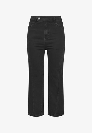 Czarne jeansy z wysokim stanem i szerokimi nogawkami, z przednimi kieszeniami, zapięciem na guziki oraz widocznym przeszyciem wzdłuż nogawek.