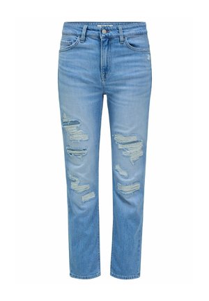 Vaqueros de mezclilla azul claro con un corte relajado, que presentan detalles deshilachados y parches deshilachados en la parte delantera, diseño de pierna recta y cinturilla.