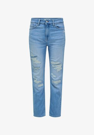 Vaqueros de mezclilla azul claro con un corte relajado, que presentan detalles deshilachados y parches deshilachados en la parte delantera, diseño de pierna recta y cinturilla.