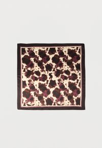 Τετράγωνο μεταξωτό μαντήλι με σκουρόχρωμες καφέ και μωβ ακανόνιστες κηλίδες σε κρεμ φόντο και καφέ περιθώριο.