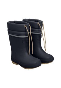 Bottes de pluie en caoutchouc bleu marine avec une semelle texturée, un collier rembourré doux et un cordon beige pour l'ajustement. Présente un détail de rayure grise.