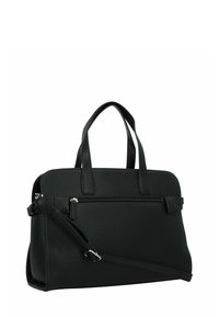Bolso de mano de imitación cuero negro con acabado texturizado, asas superiores dobles, una correa de hombro desmontable y un bolsillo exterior con cremallera.