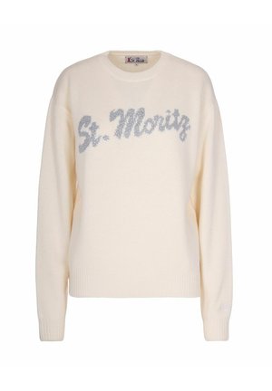 Maglione crema con maniche lunghe e collo rotondo, caratterizzato da un motivo testurizzato in argento "St. Moritz" sulla parte anteriore.