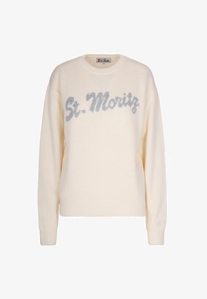 Maglione crema con maniche lunghe e collo rotondo, caratterizzato da un motivo testurizzato in argento "St. Moritz" sulla parte anteriore.