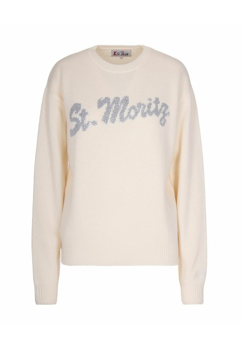 Maglione crema con maniche lunghe e collo rotondo, caratterizzato da un motivo testurizzato in argento "St. Moritz" sulla parte anteriore.
