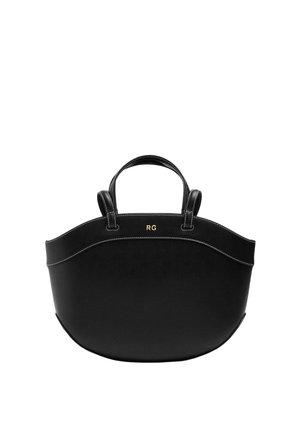 Czarna skórzana torebka z zakrzywioną górną krawędzią, podwójnymi uchwytami, białym przeszyciem i złotymi inicjałami "RG" na środku z przodu.