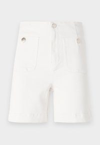 Vita bomullsshorts med två framfickor och silverfärgad knappdekoration. Rakt snitt med en slät, strukturerad yta och vikta fållar.