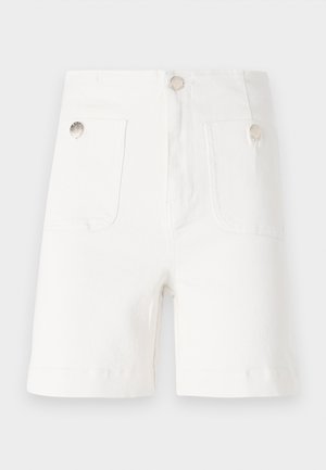 White cotton shorts with two front pockets and silver button accents. Straight cut with a smooth, textured finish and folded hems.
