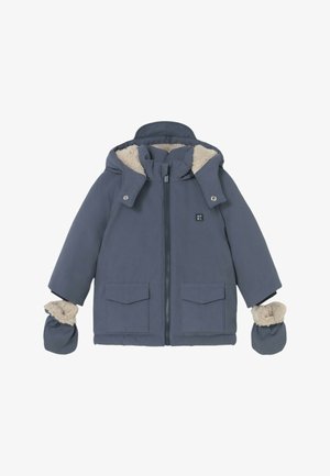 Giacca invernale blu per bambini con cappuccio, cerniera frontale, due tasche con patta e muffole abbinate staccabili foderate in pile beige.