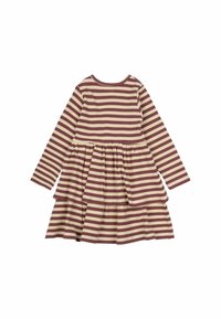 Vestito a maniche lunghe con una fantasia a righe bordeaux e crema, texture a coste e design a gonne sovrapposte.