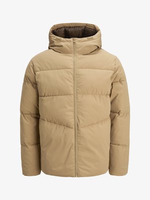 Bežová puffrová bunda s kapucňou, vybavená predným zipsom, prešívanými panelmi a hladkou textúrou. Interiér je tmavo hnedý.