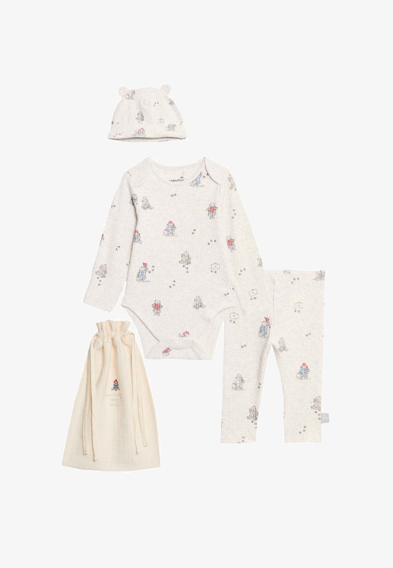 Conjunto de ropa para bebés de cuatro piezas: body de manga larga y leggings en gris claro con estampados de personajes divertidos, además de gorro con orejas de oso y bolsa de almacenamiento de tela.