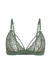 Πράσινο σουτιέν με δαντέλα, τρίγωνα ποτηράκια, λουλουδάτο μοτίβο, ρυθμιζόμενες τιράντες και απαλό κάτω μέρος. Διαθέτει διακοσμητικά στοιχεία σε χρυσό τόνο.