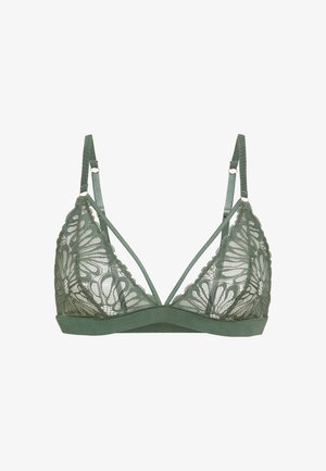 Grønn blonde-bh med trekantede kopper, blomsterpattern, justerbare stropper og en glatt underkant. Har detaljer i gulltonet metall.