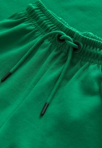 Shorts verde con coulisse realizzati in tessuto morbido. Presentano una vita elastica con texture arricciata e estremità in plastica nera sulle stringhe.