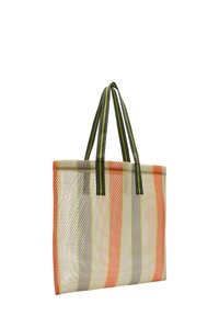 Przezroczysta torba siatkowa z wielokolorowymi paskami: pomarańczowym, zielonym i szarym. Posiada podwójne uchwyty w czarne i zielone paski. Prostokątny kształt.