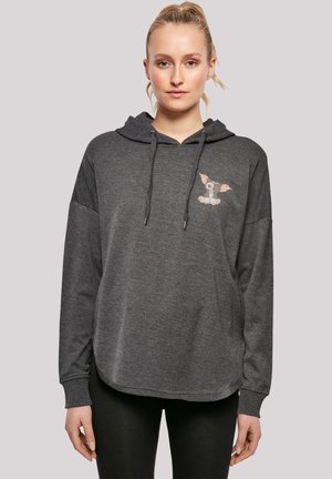 Grauer Hoodie mit lockerer Passform, ausgestattet mit einer Kordelzugkapuze und einem gestickten Cartoonhund auf der Brust. Weicher Stoff.