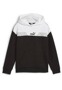 Sudadera negra con un diseño de bloques de color blanco y gris, que cuenta con un bolsillo tipo canguro y una capucha con cordones. Logo de Puma en el pecho.