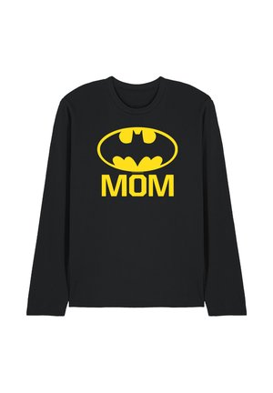 Black long-sleeve shirt with yellow Batman logo above the word "MOM" in bold yellow letters on front.