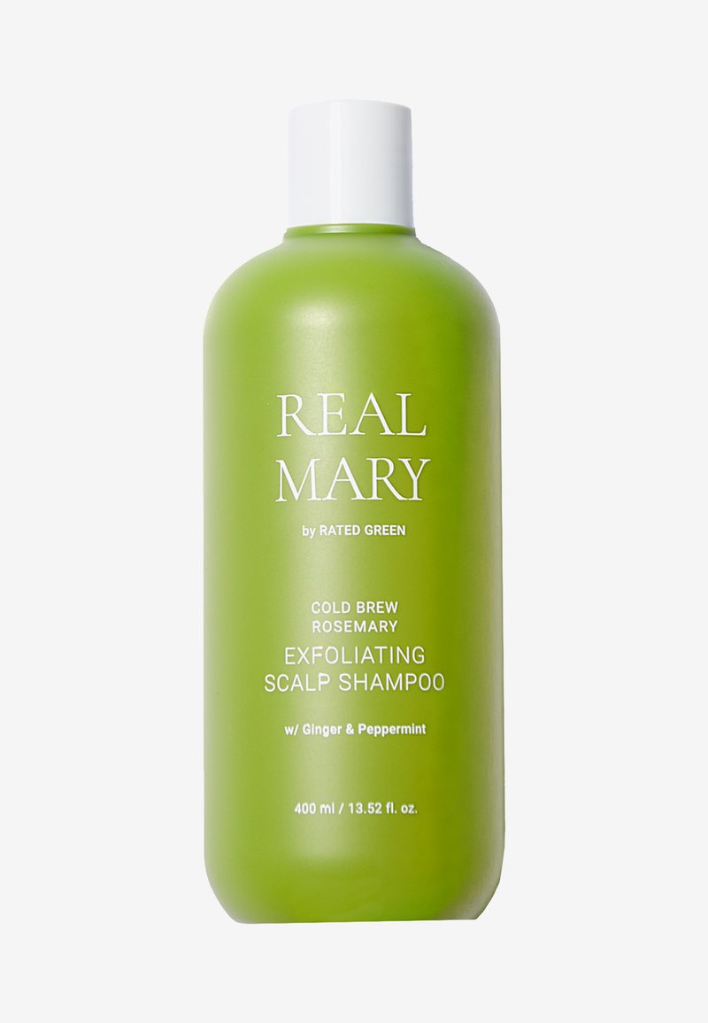 Bottiglia di plastica verde contenente shampoo esfoliante per il cuoio capelluto con un tappo bianco. L'etichetta presenta un testo bianco che evidenzia il nome del prodotto e gli ingredienti.