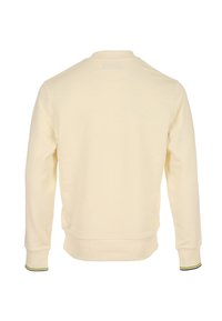 Felpa color crema con maniche lunghe, polsini a coste e ampia scollatura. Presenta una finitura testurizzata e accenti verdi a contrasto sui polsini.