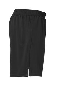 Schwarze Sportshorts mit elastischem Bund, die eine glatte Textur, seitliche Einschubtaschen und einen lässigen Schnitt aufweisen.