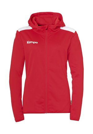 Rode hoodie-jack met een zacht materiaal, voorzien van witte accentpanelen, een volledige ritssluiting en het "Kempa"-logo op de borst.