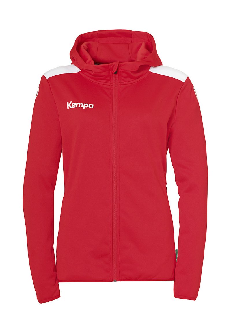 Red hooded jacket made of soft material, featuring white accent panels, a full zipper, and the "Kempa" logo on the chest.
