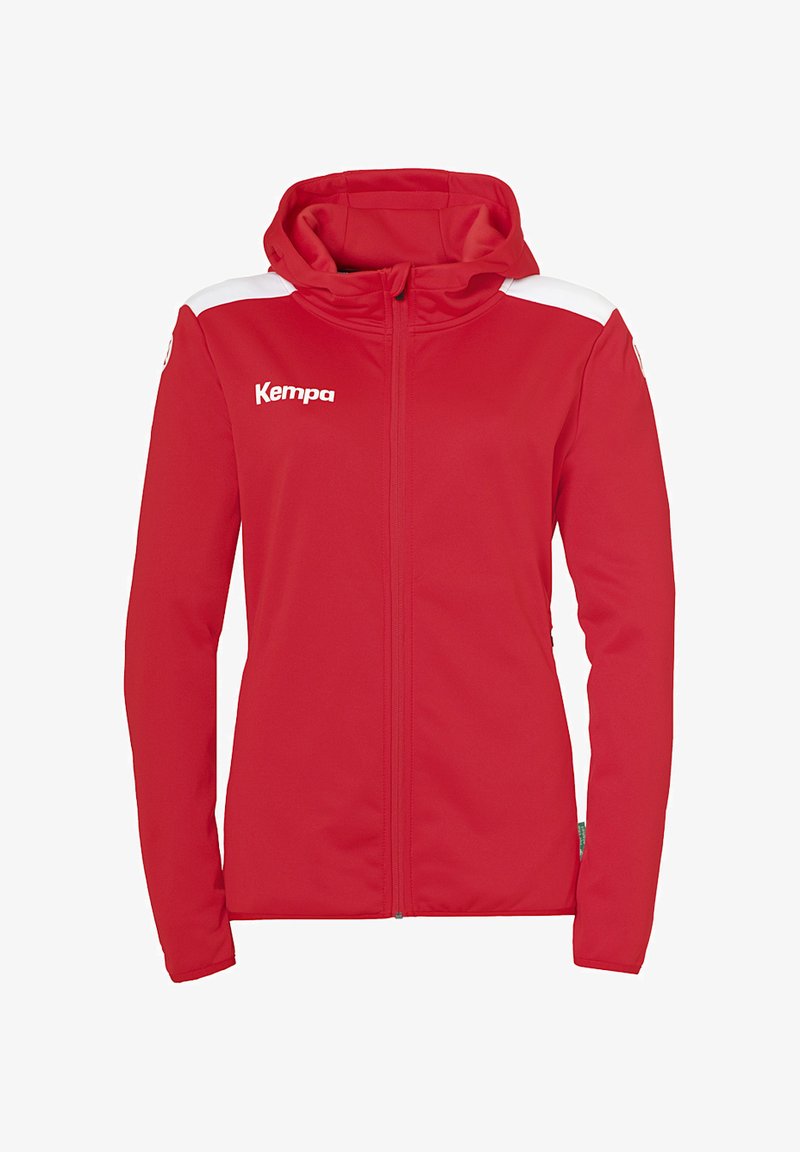 Red hooded jacket made of soft material, featuring white accent panels, a full zipper, and the "Kempa" logo on the chest.