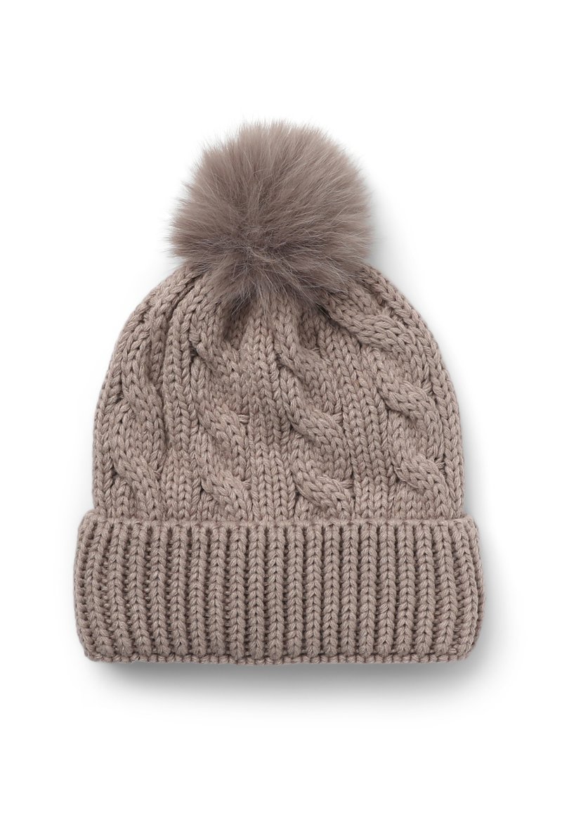 Dziana czapka w jasnobrązowym kolorze z grubym ściągaczem i teksturalnym wzorem w warkocz. Uzupełniona miękkim, puszystym pomponem.