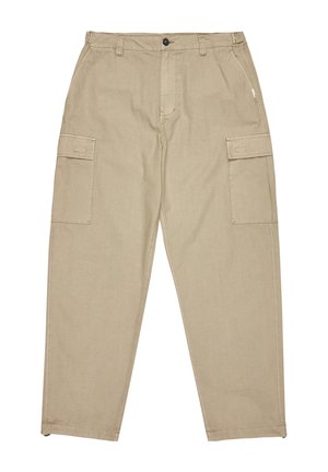 Beige cargo pants made of lightweight fabric with a relaxed fit, featuring two side pockets and visible stitching details.